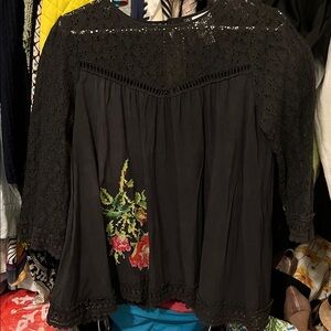 Ivy Jane Black Lace Women's Top with Floral Embroidery